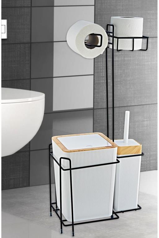 Ahşap Desenli Metal Standlı Yedekli Wc Kağıtlık Banyo Seti Beyaz